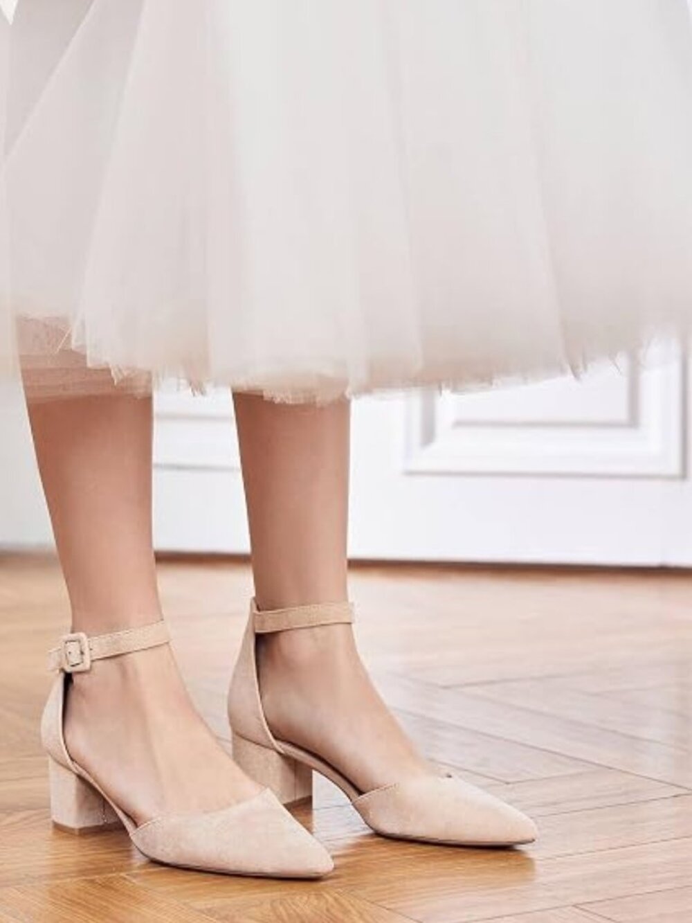 Women's Pointed Toe Pumps Ankle Strap Buckle Chunky Block Heel Dress D'Orsay Sho